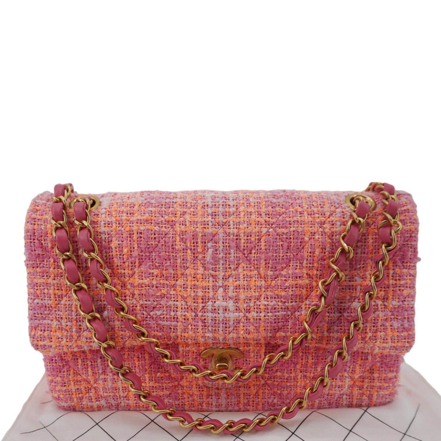 Chanel Rectangular Flap Medium Quilted Tweed Shoulder Bag Pink