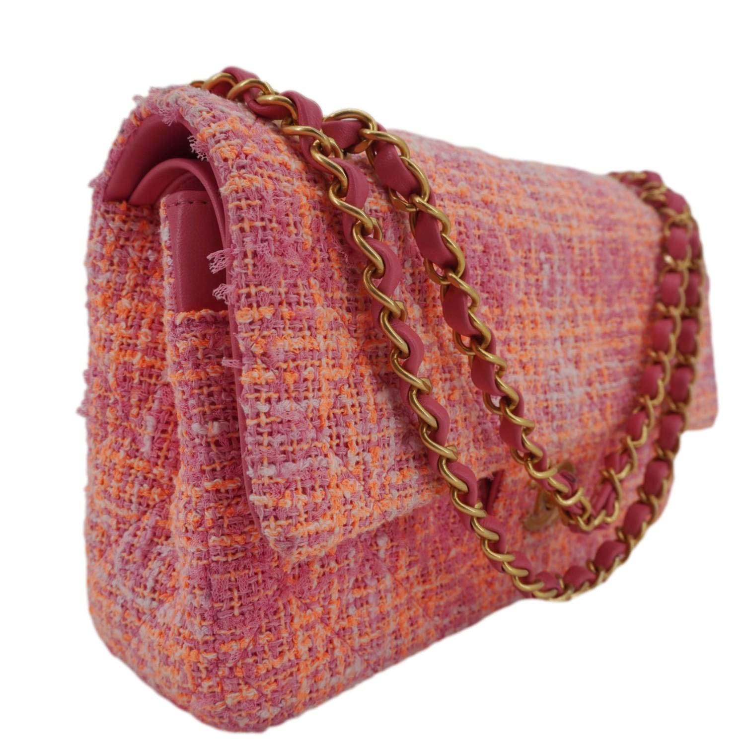 Chanel Rectangular Flap Medium Quilted Tweed Shoulder Bag Pink