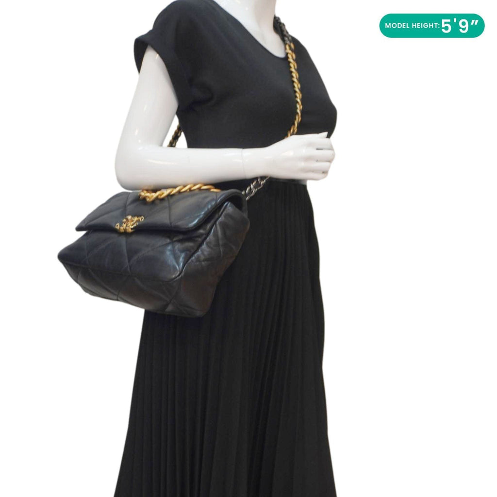 Chanel 19 Flap Large Lambskin Leather Shoulder Bag Black