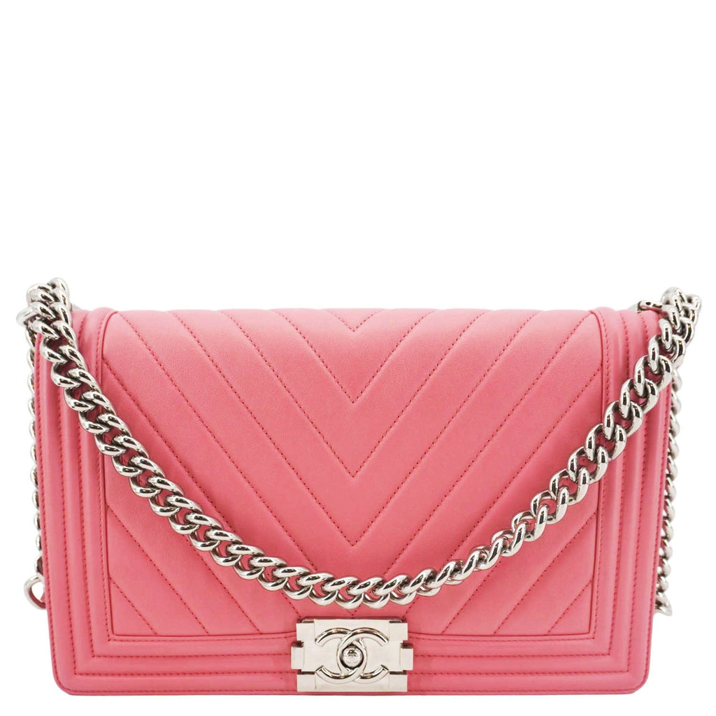 Chanel Boy Flap Old Medium Chevron Leather Crossbody Pink