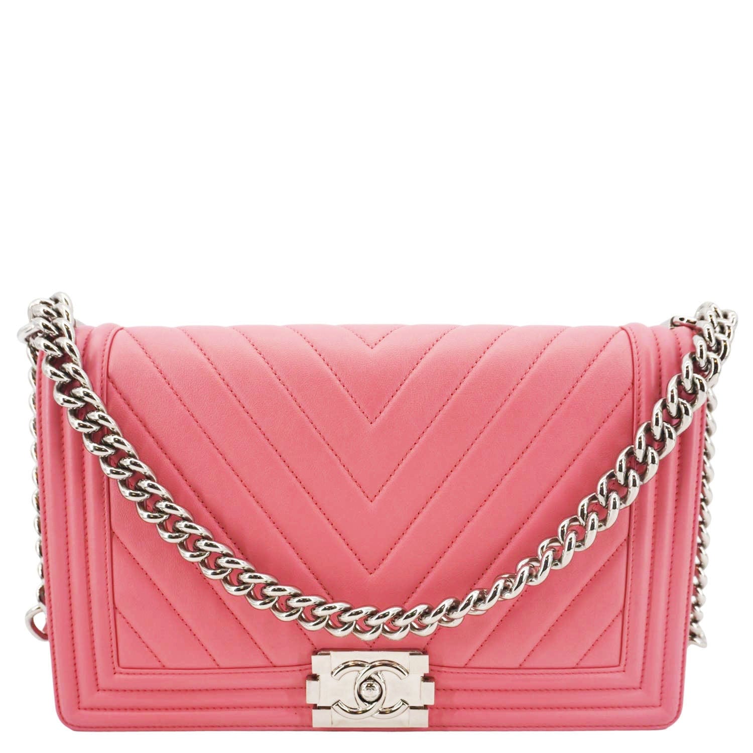Chanel Boy Flap Old Medium Chevron Leather Crossbody Pink