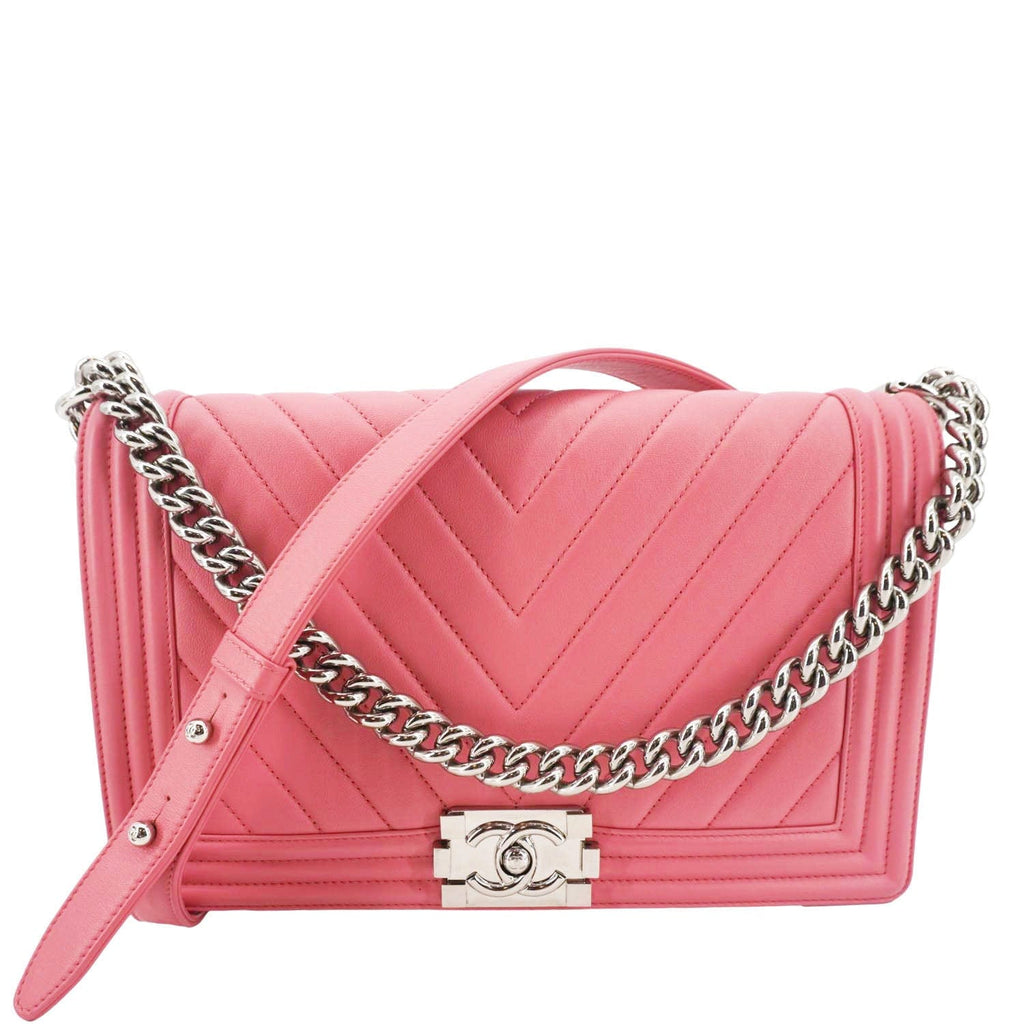 Chanel Boy Flap Old Medium Chevron Leather Crossbody Pink