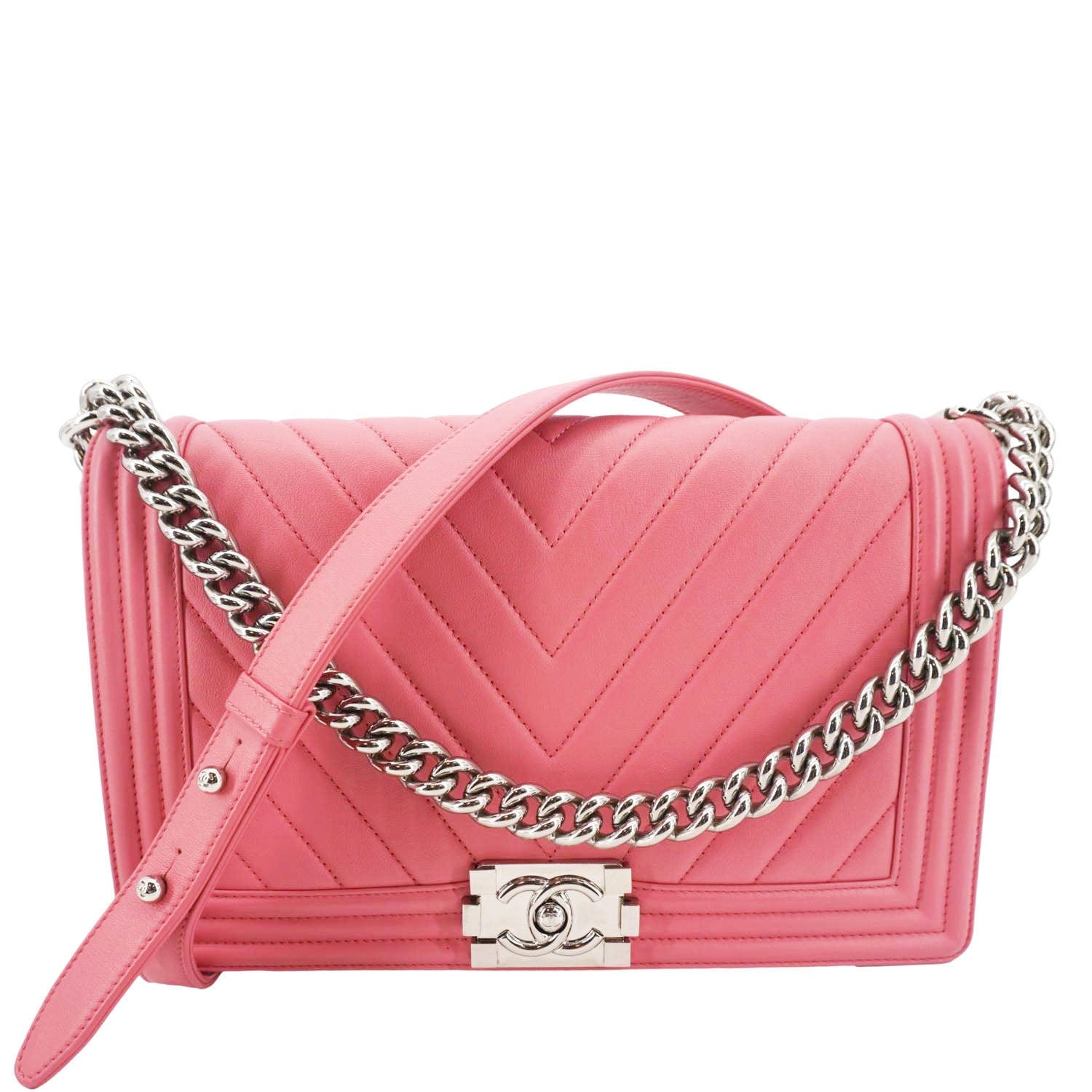 Chanel Boy Flap Old Medium Chevron Leather Crossbody Pink