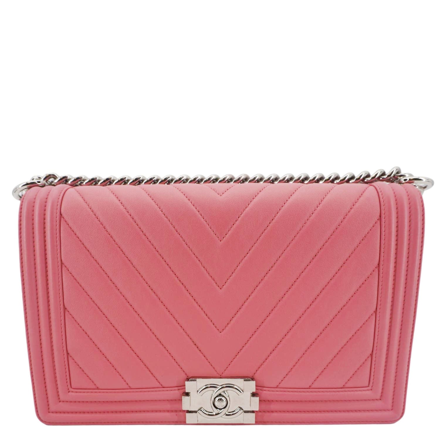 Chanel Boy Flap Old Medium Chevron Leather Crossbody Pink