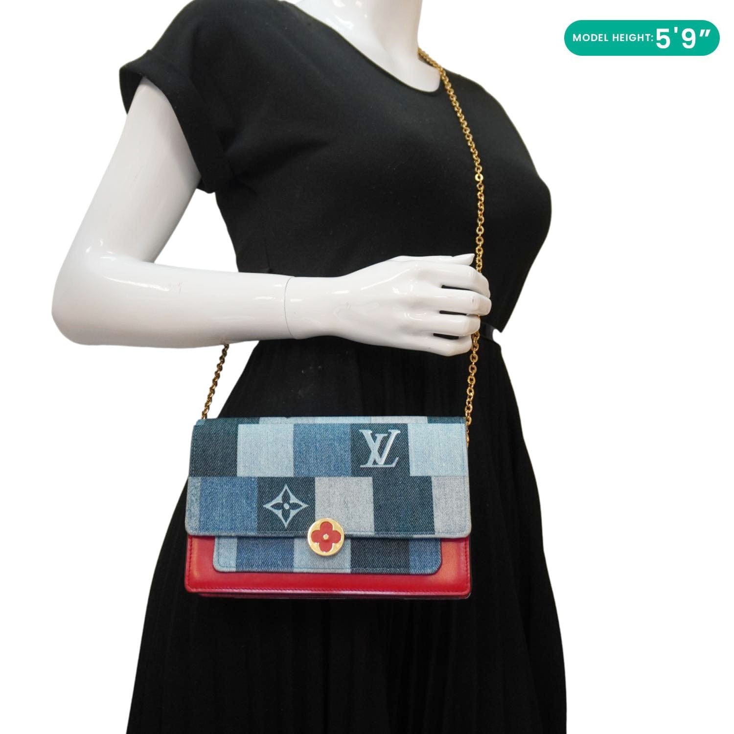 LOUIS VUITTON Patchwork Flore Damier Monogram Denim Chain Wallet Shoulder Bag Blue