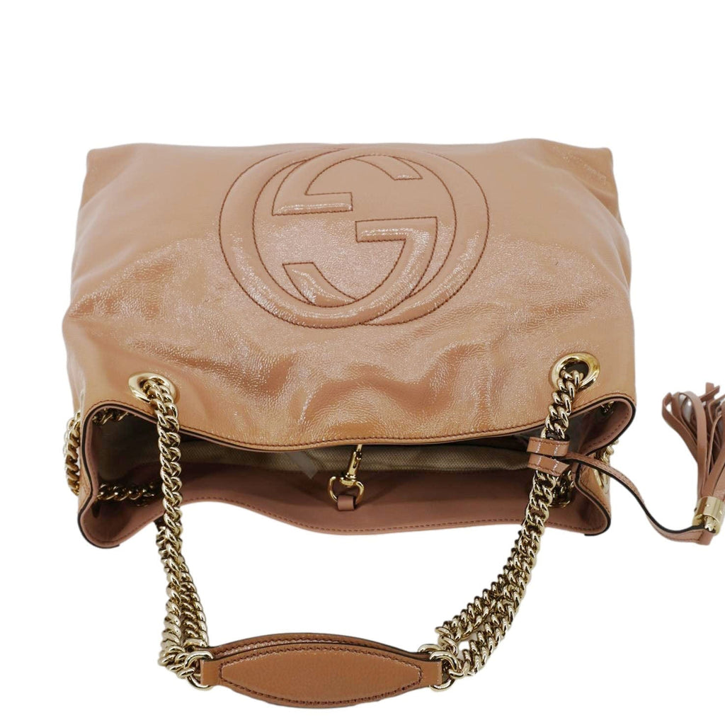 GUCCI Soho Medium Patent Leather Chain Tote Bag Beige 308982