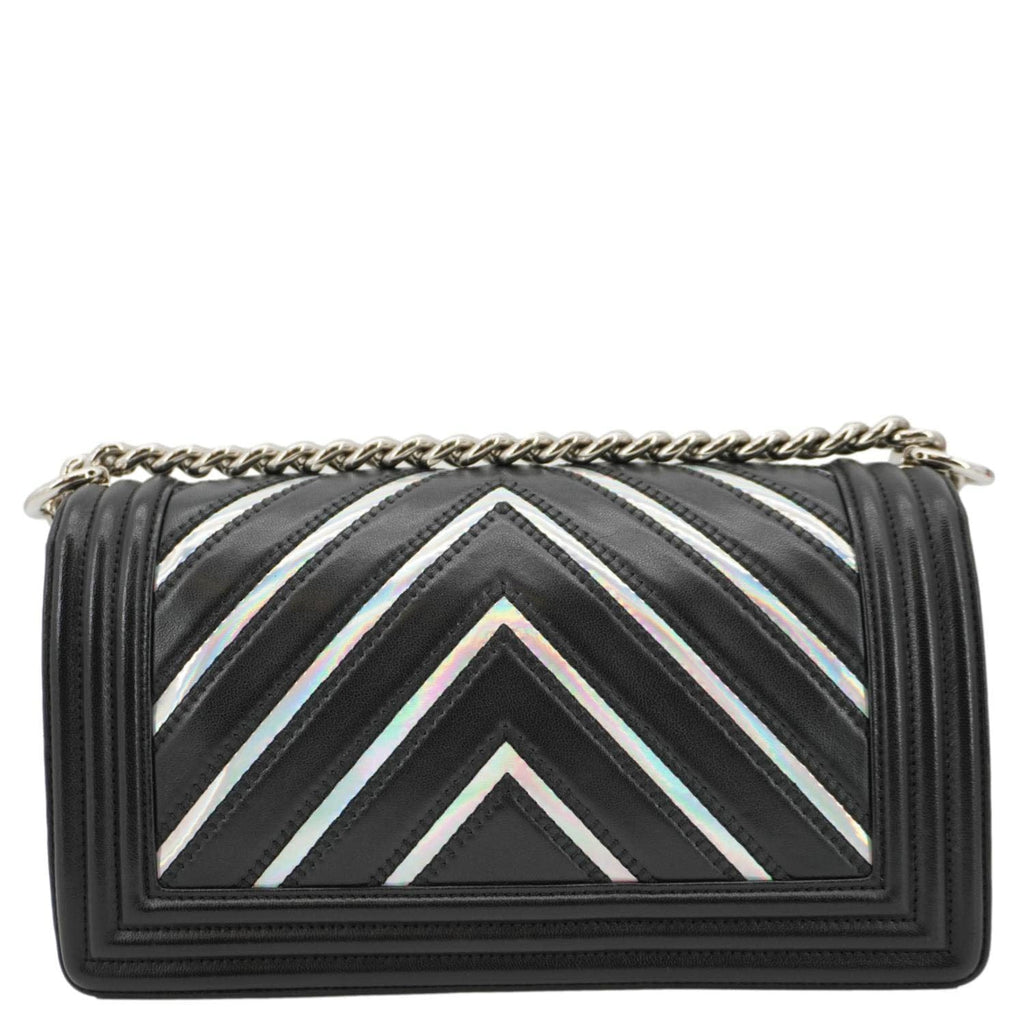 Chanel Boy Flap Chevron Leather with Holographic PVC Crossbody Bag Black