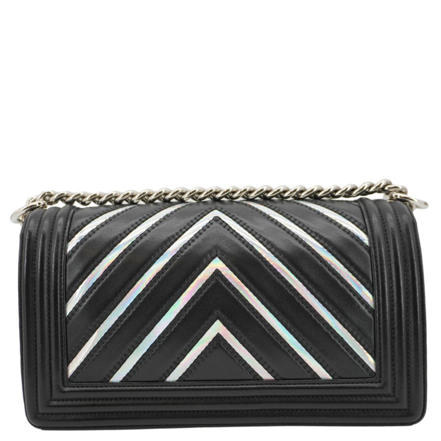 Chanel Boy Flap Chevron Leather with Holographic PVC Crossbody Bag Black