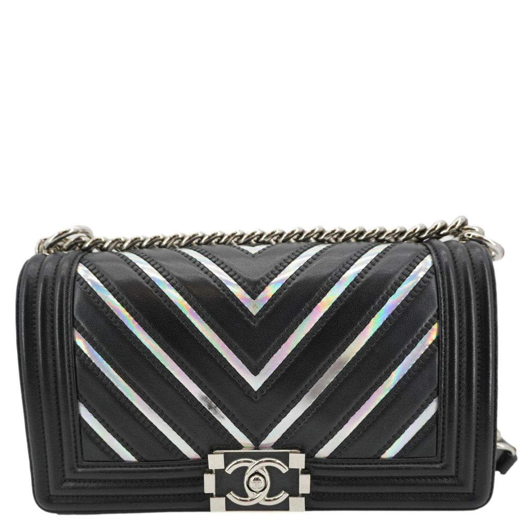 Chanel Boy Flap Chevron Leather with Holographic PVC Crossbody Bag Black