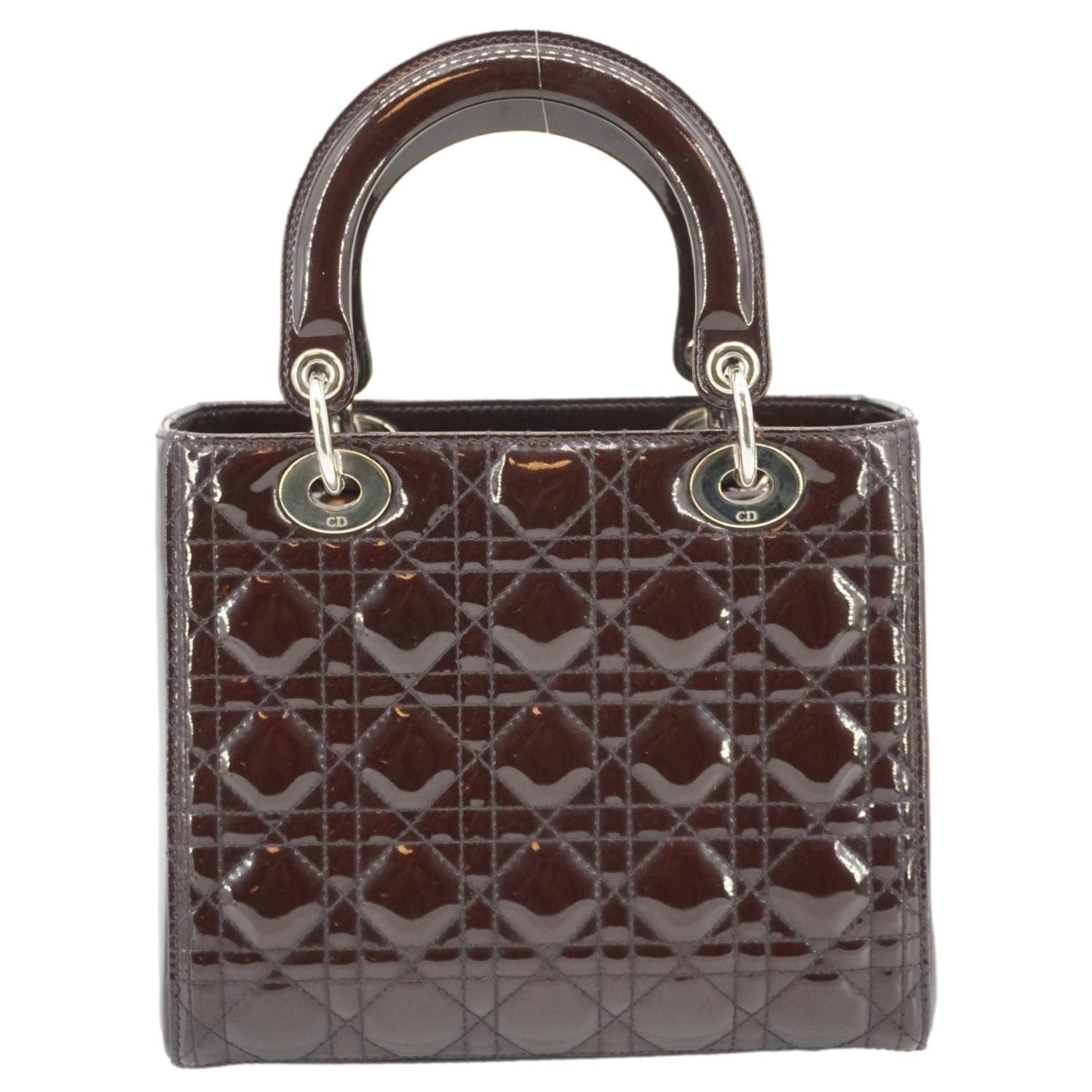 CHRISTIAN DIOR Lady Dior Quilted Patent Leather Shoulder Bag Burgundy