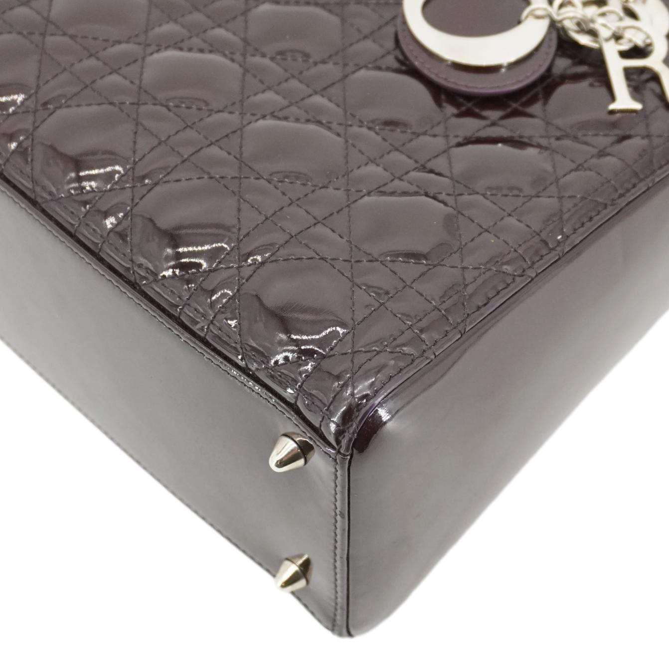 CHRISTIAN DIOR Lady Dior Quilted Patent Leather Shoulder Bag Burgundy