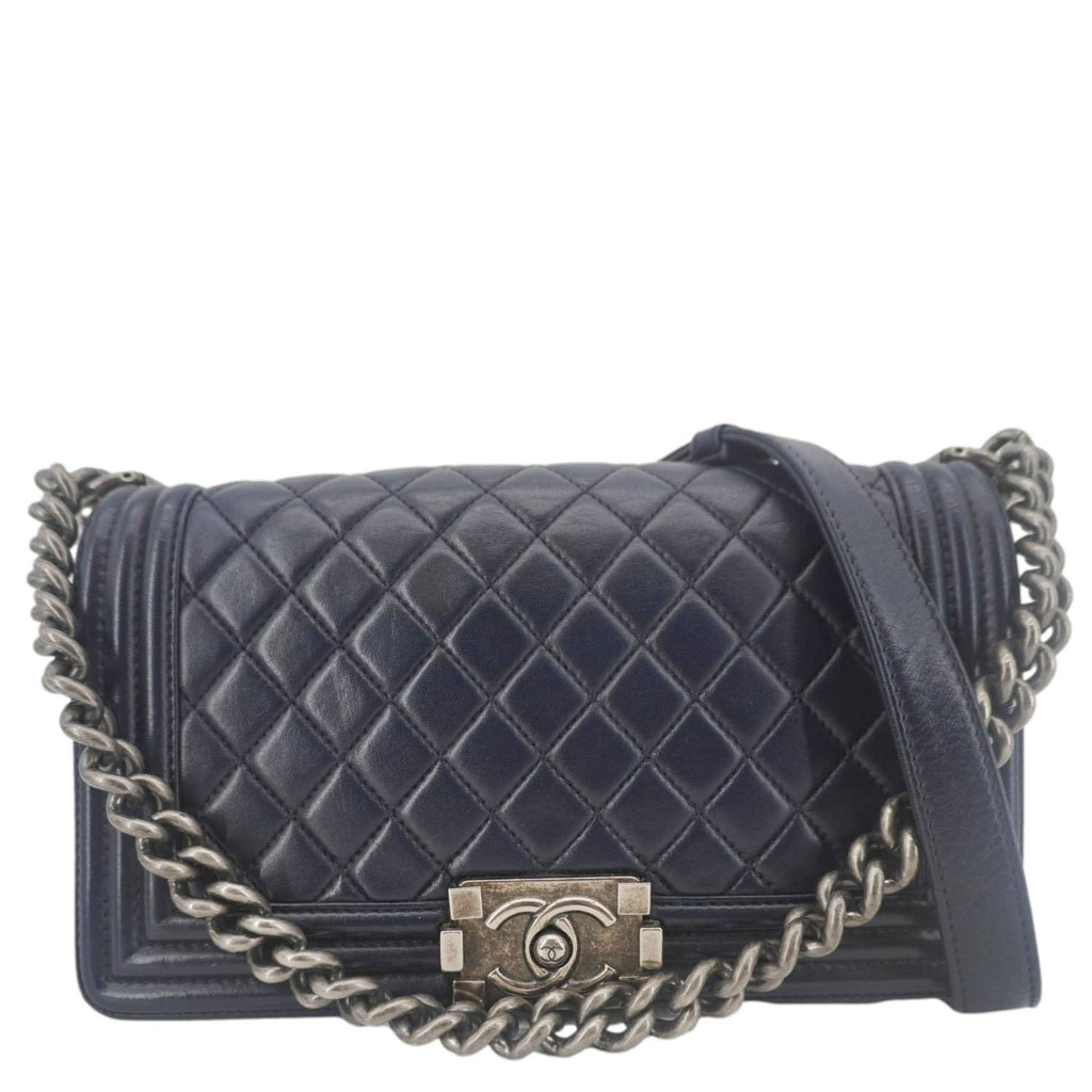 Chanel Boy Flap Medium Quilted Lambskin Leather Crossbody Bag Navy Blue