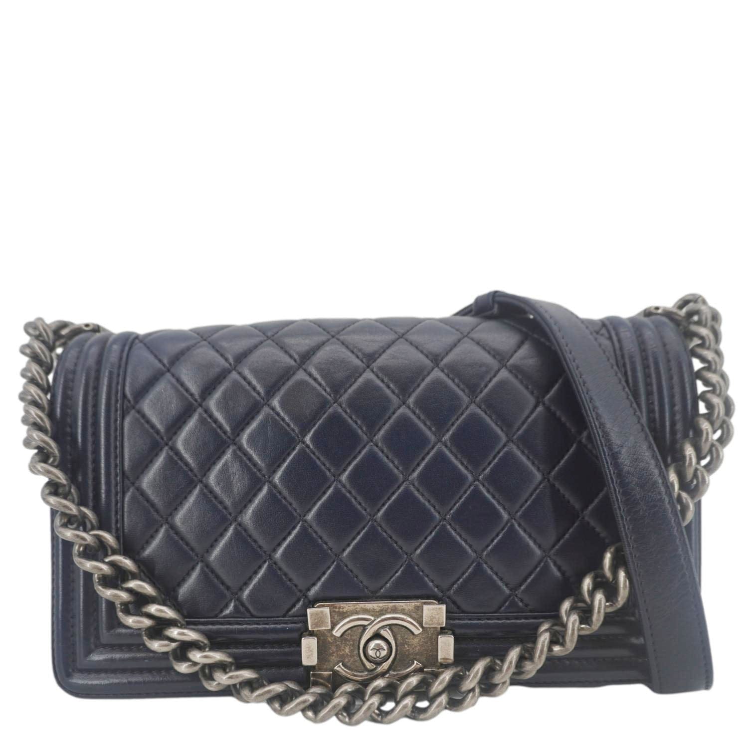 Chanel Boy Flap Medium Quilted Lambskin Leather Crossbody Bag Navy Blue