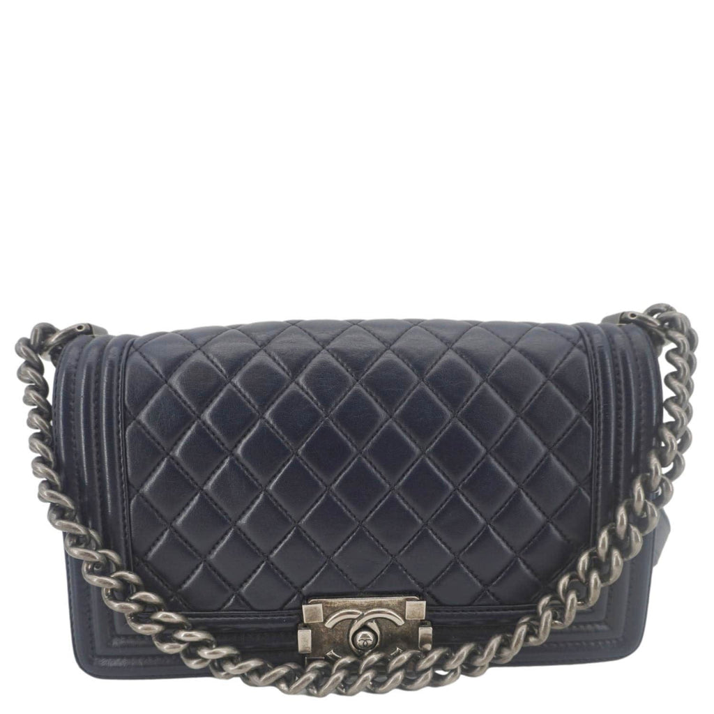 Chanel Boy Flap Medium Quilted Lambskin Leather Crossbody Bag Navy Blue