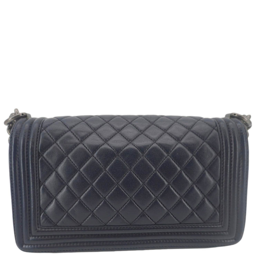 Chanel Boy Flap Medium Quilted Lambskin Leather Crossbody Bag Navy Blue