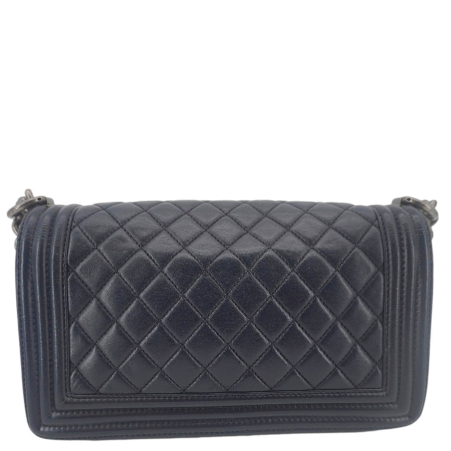 Chanel Boy Flap Medium Quilted Lambskin Leather Crossbody Bag Navy Blue