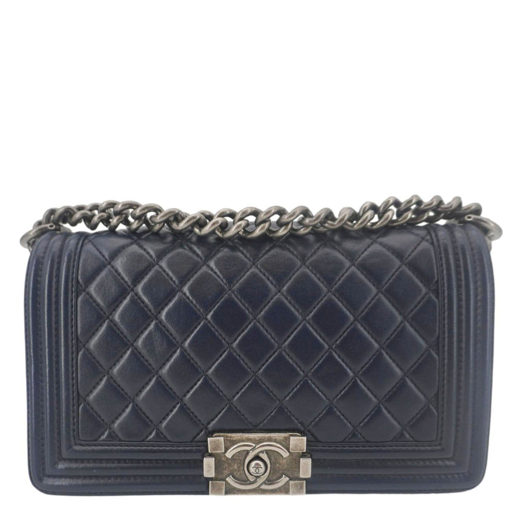 Chanel Boy Flap Medium Quilted Lambskin Leather Crossbody Bag Navy Blue