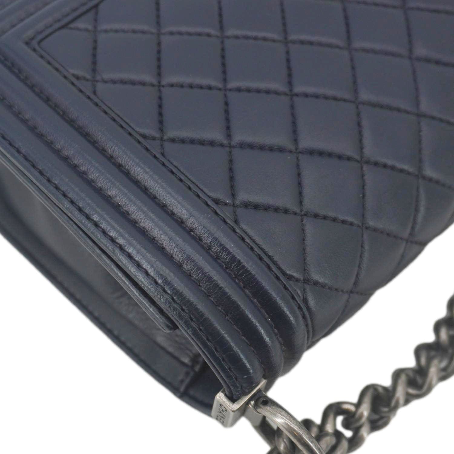 Chanel Boy Flap Medium Quilted Lambskin Leather Crossbody Bag Navy Blue