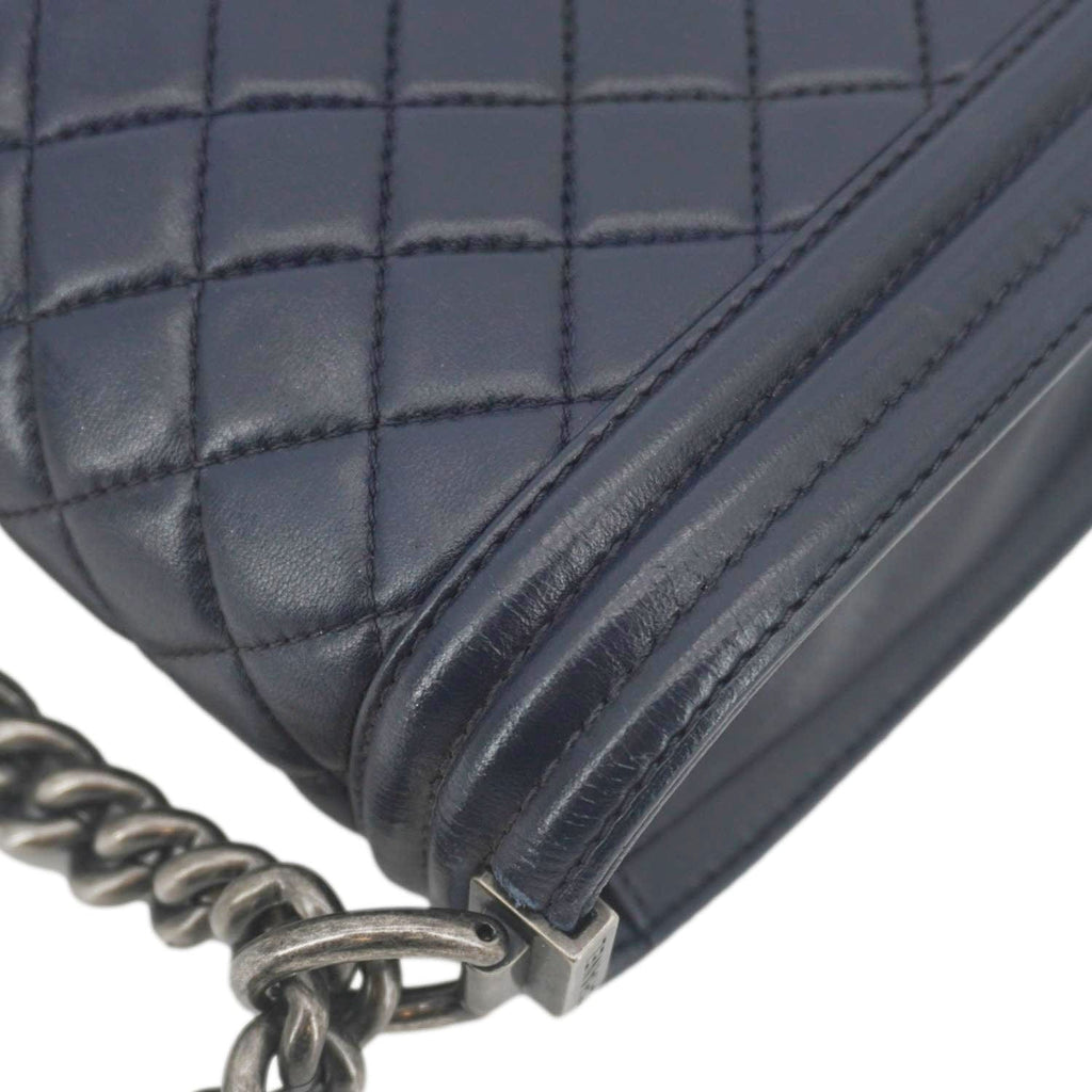 Chanel Boy Flap Medium Quilted Lambskin Leather Crossbody Bag Navy Blue
