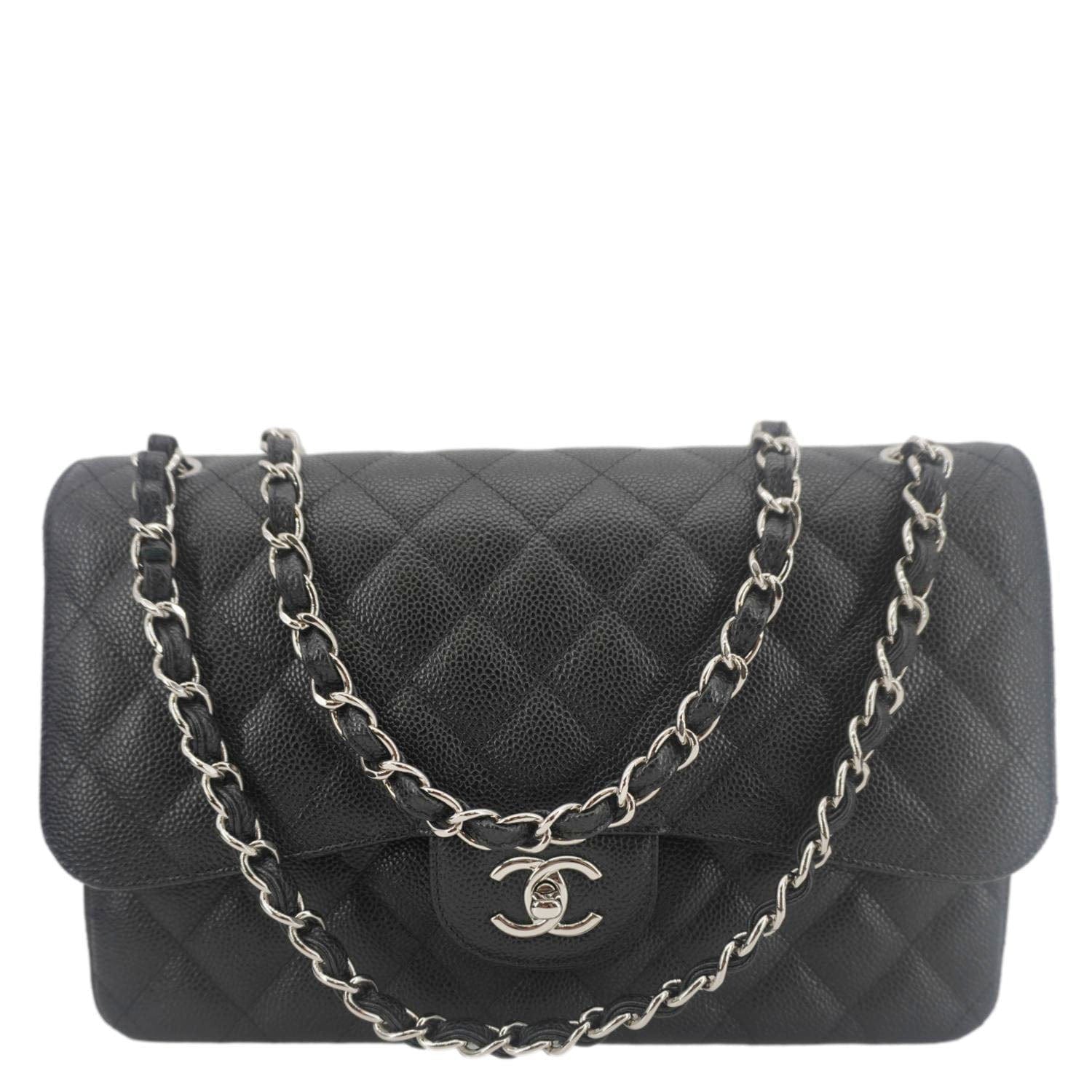 Chanel Classic Double Flap Jumbo Quilted Caviar Leather Crossbody Bag Black