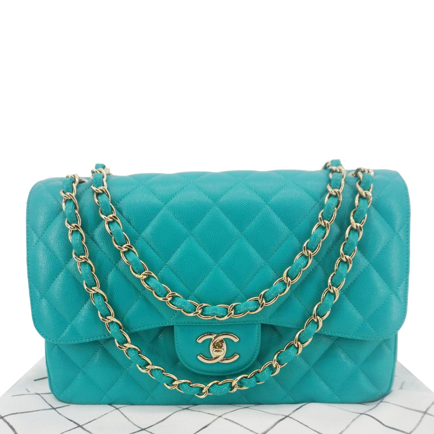 Chanel Classic Double Flap Jumbo Quilted Caviar Leather Shoulder Bag Turquoise