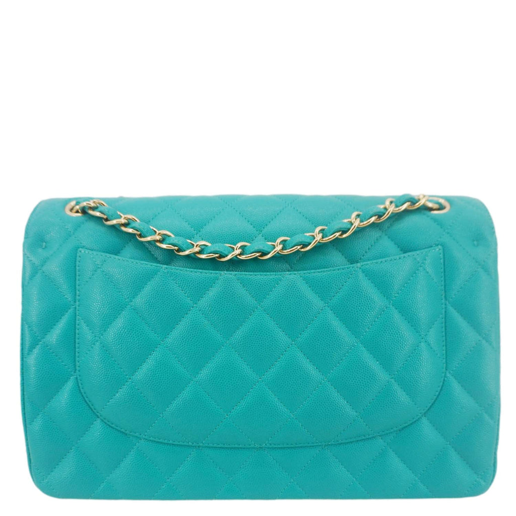 Chanel Classic Double Flap Jumbo Quilted Caviar Leather Shoulder Bag Turquoise