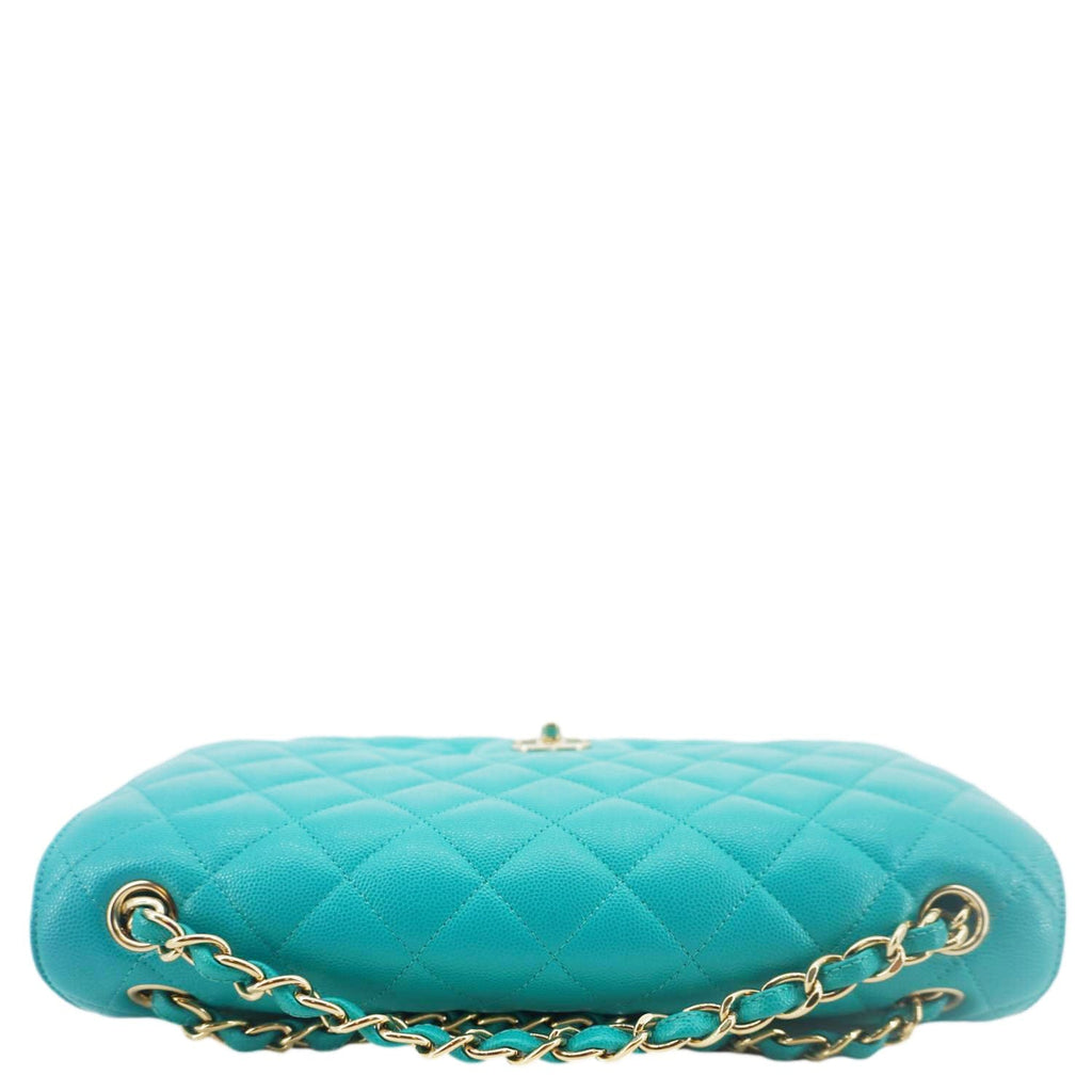 Chanel Classic Double Flap Jumbo Quilted Caviar Leather Shoulder Bag Turquoise