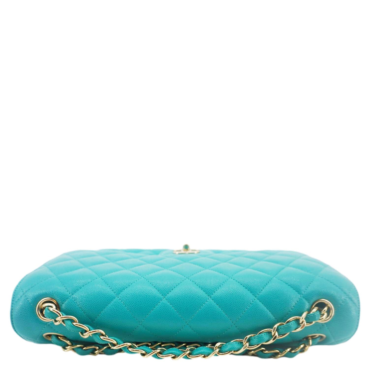 Chanel Classic Double Flap Jumbo Quilted Caviar Leather Shoulder Bag Turquoise