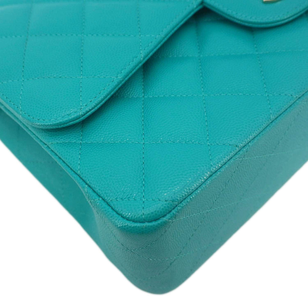 Chanel Classic Double Flap Jumbo Quilted Caviar Leather Shoulder Bag Turquoise