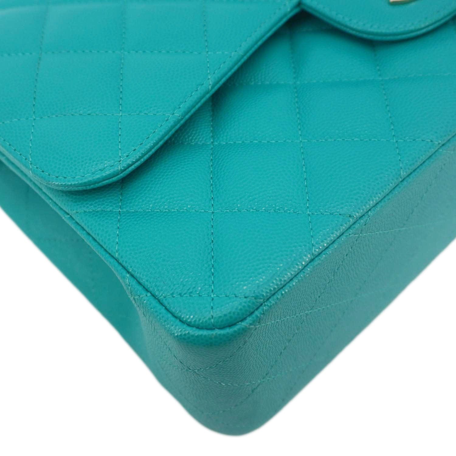 Chanel Classic Double Flap Jumbo Quilted Caviar Leather Shoulder Bag Turquoise