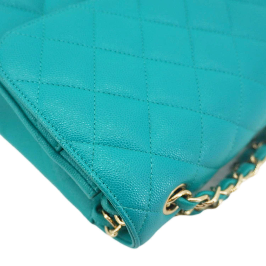 Chanel Classic Double Flap Jumbo Quilted Caviar Leather Shoulder Bag Turquoise