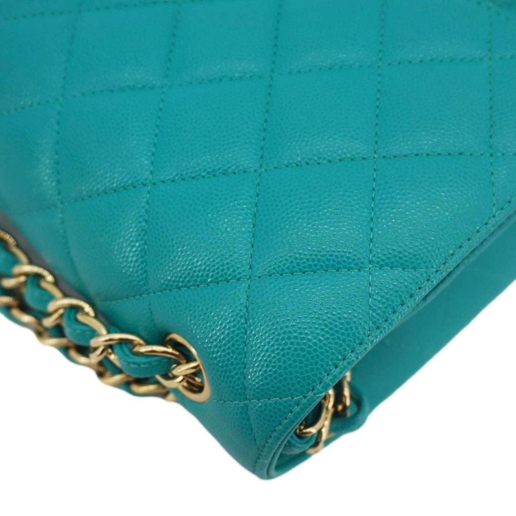Chanel Classic Double Flap Jumbo Quilted Caviar Leather Shoulder Bag Turquoise