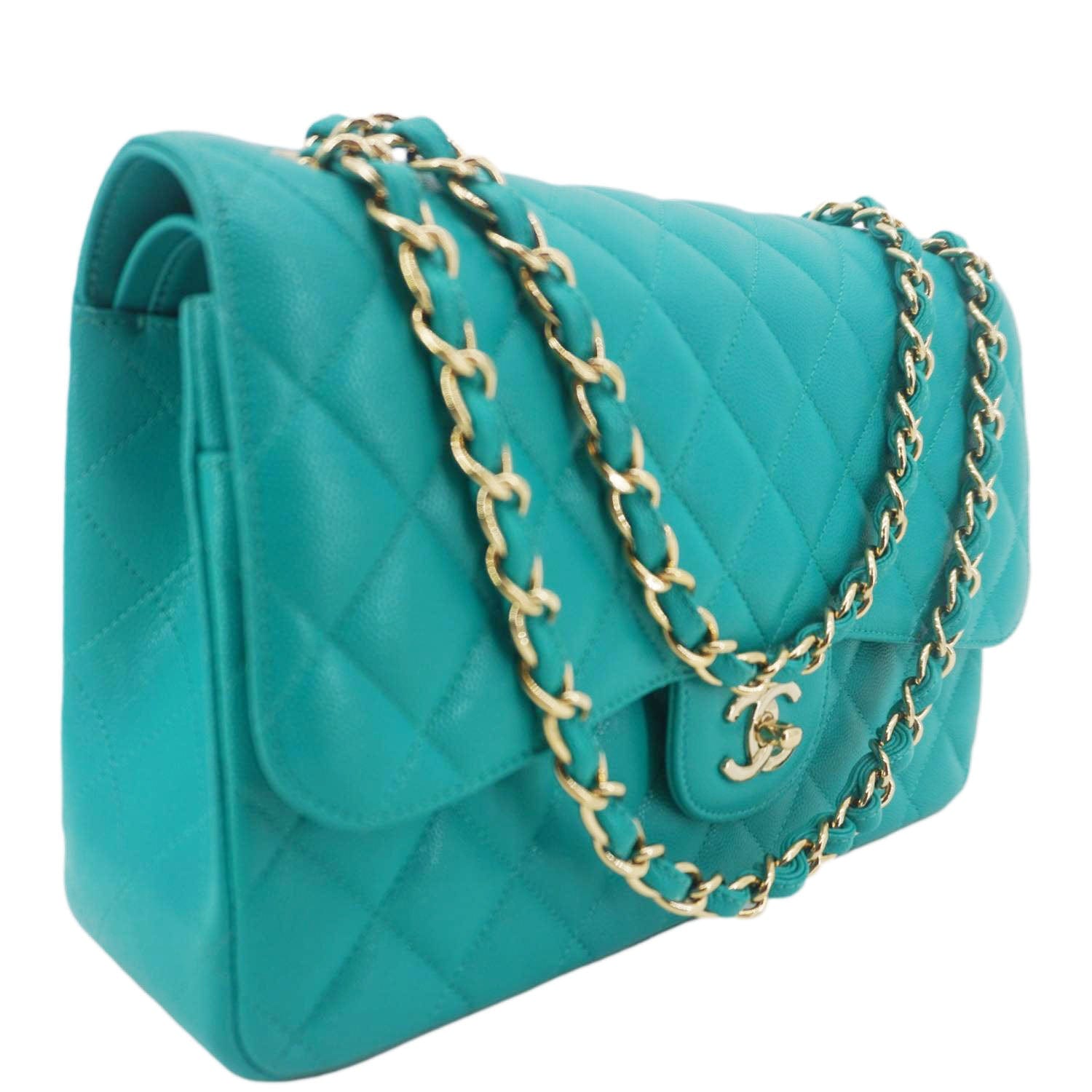 Chanel Classic Double Flap Jumbo Quilted Caviar Leather Shoulder Bag Turquoise