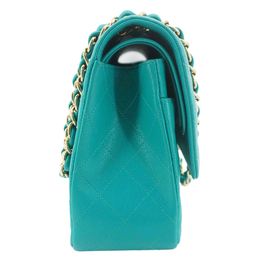 Chanel Classic Double Flap Jumbo Quilted Caviar Leather Shoulder Bag Turquoise