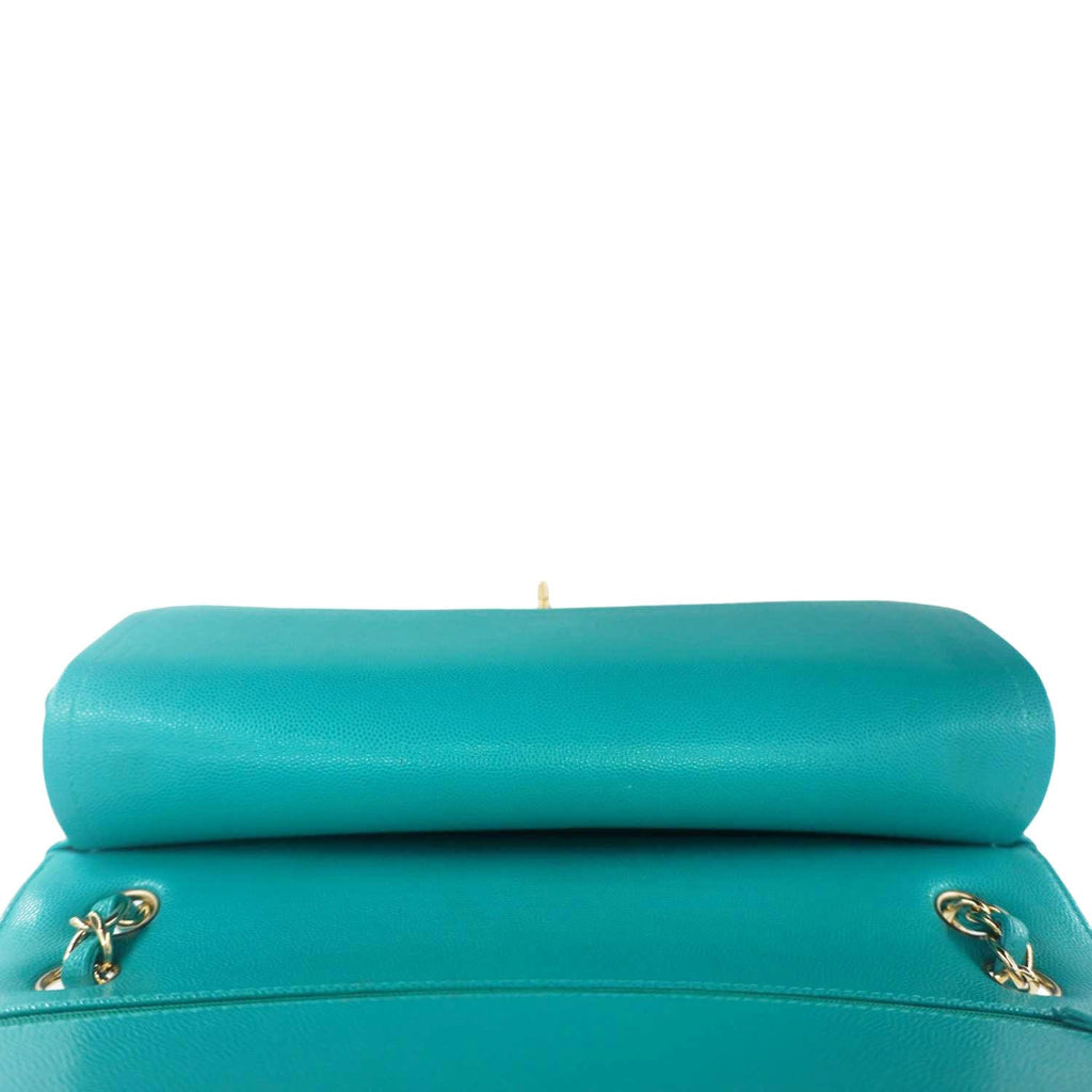 Chanel Classic Double Flap Jumbo Quilted Caviar Leather Shoulder Bag Turquoise