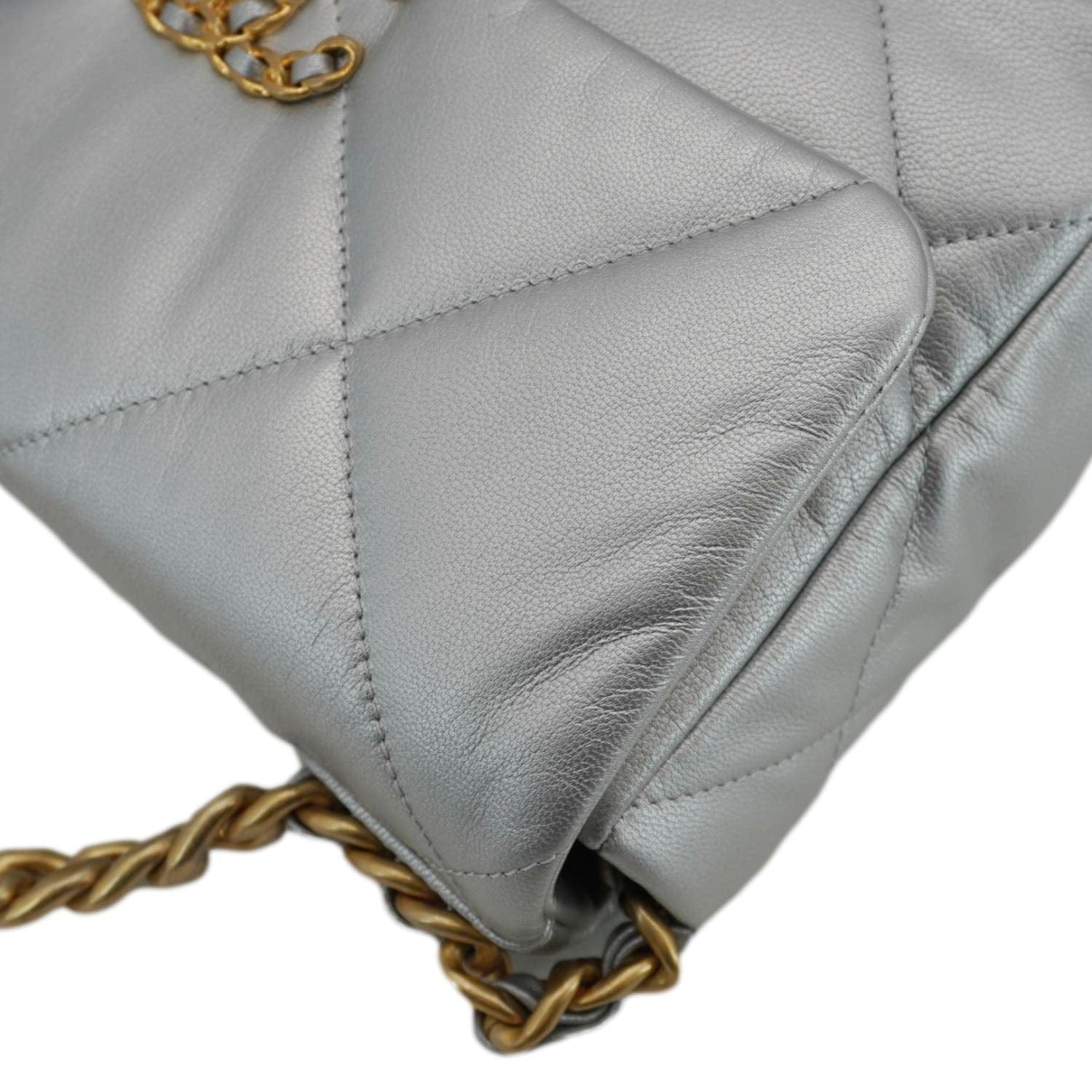 Chanel 19 Medium Flap Quilted Leather Shoulder Bag Metallic Silver