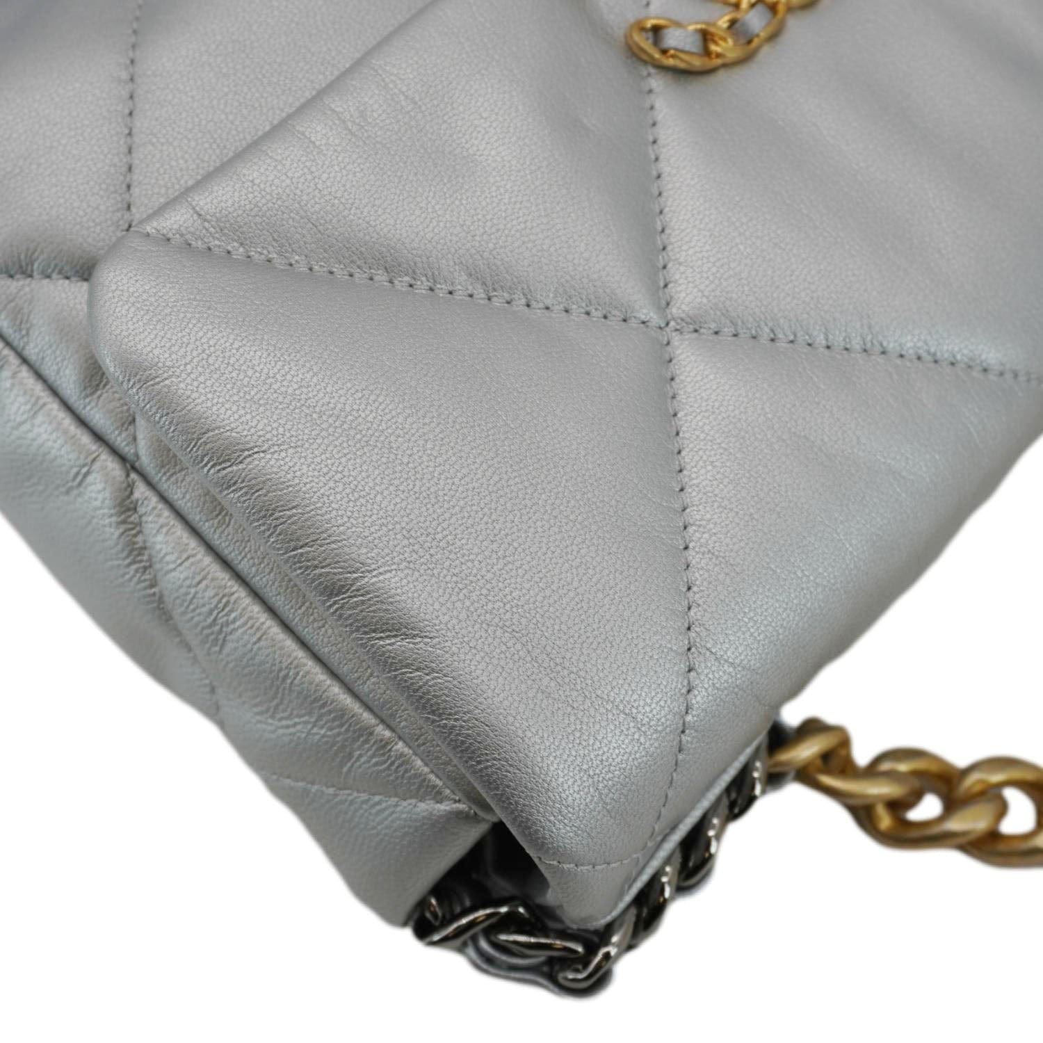Chanel 19 Medium Flap Quilted Leather Shoulder Bag Metallic Silver
