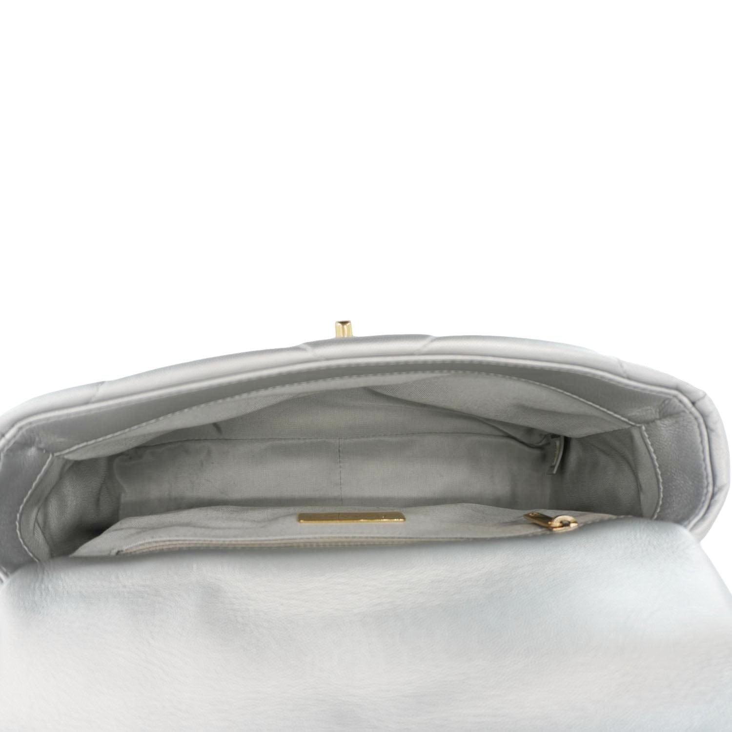 Chanel 19 Medium Flap Quilted Leather Shoulder Bag Metallic Silver