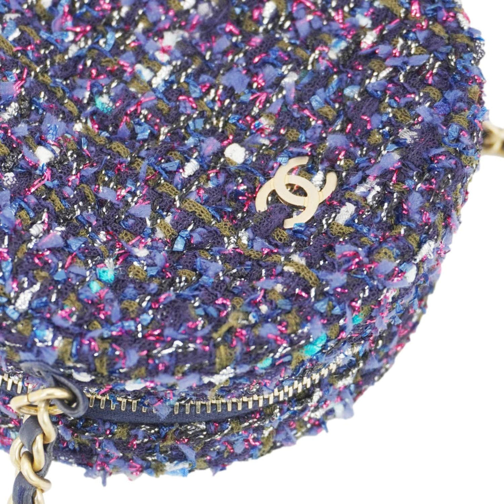 Chanel Round Tweed Chain Clutch Crossbody Bag Blue