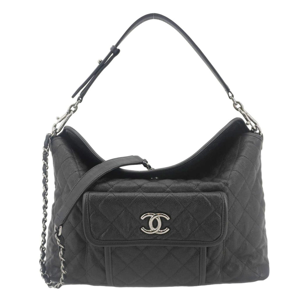 Chanel French Riviera Quilted Caviar Leather Hobo Bag Black
