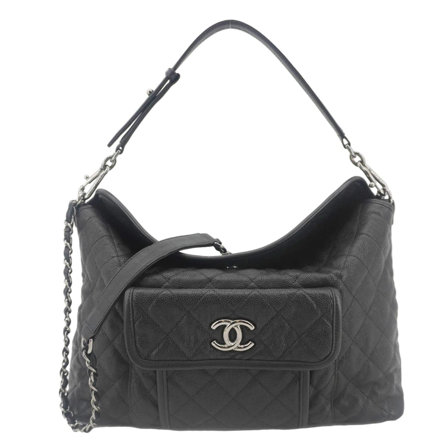 Chanel French Riviera Quilted Caviar Leather Hobo Bag Black