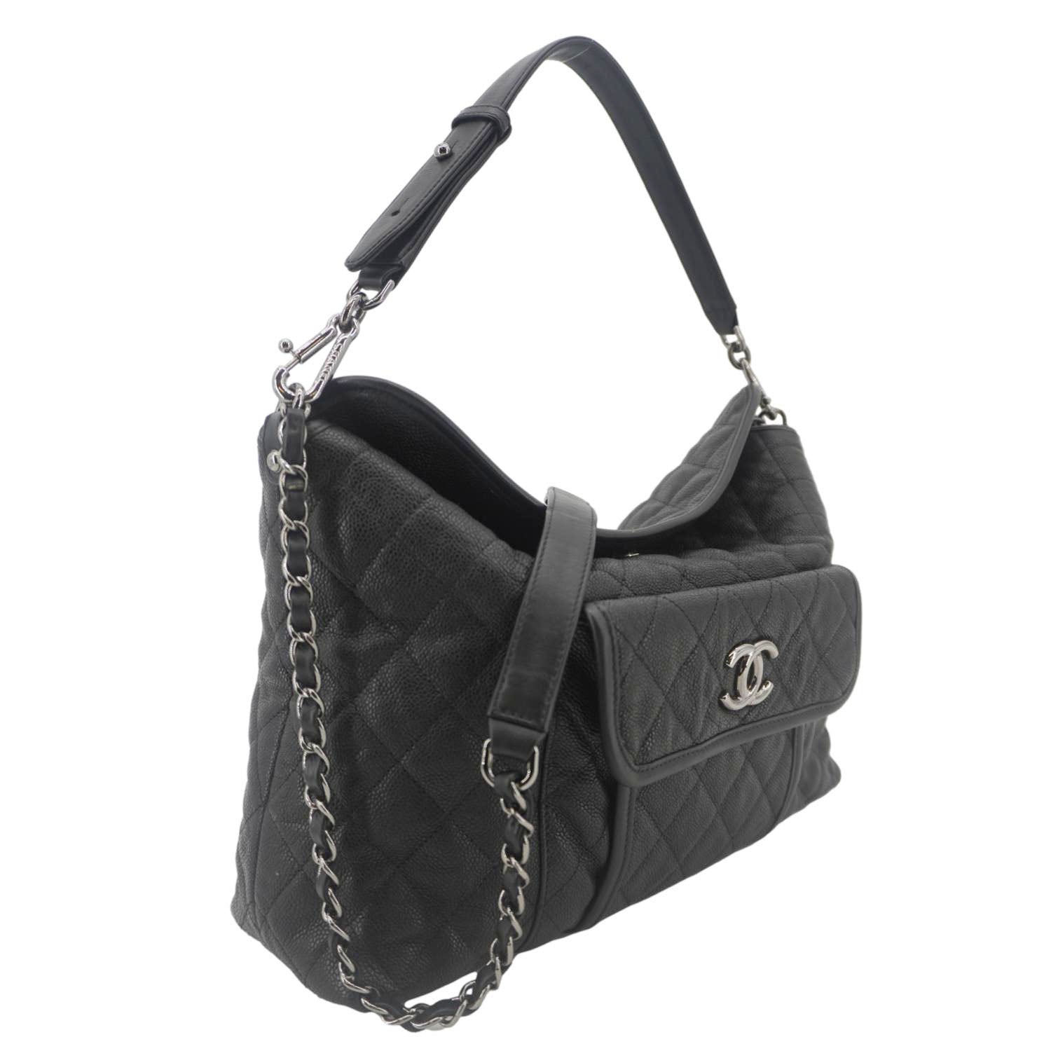 Chanel French Riviera Quilted Caviar Leather Hobo Bag Black