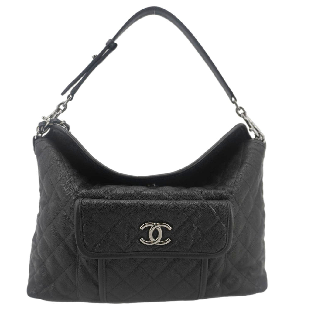 Chanel French Riviera Quilted Caviar Leather Hobo Bag Black