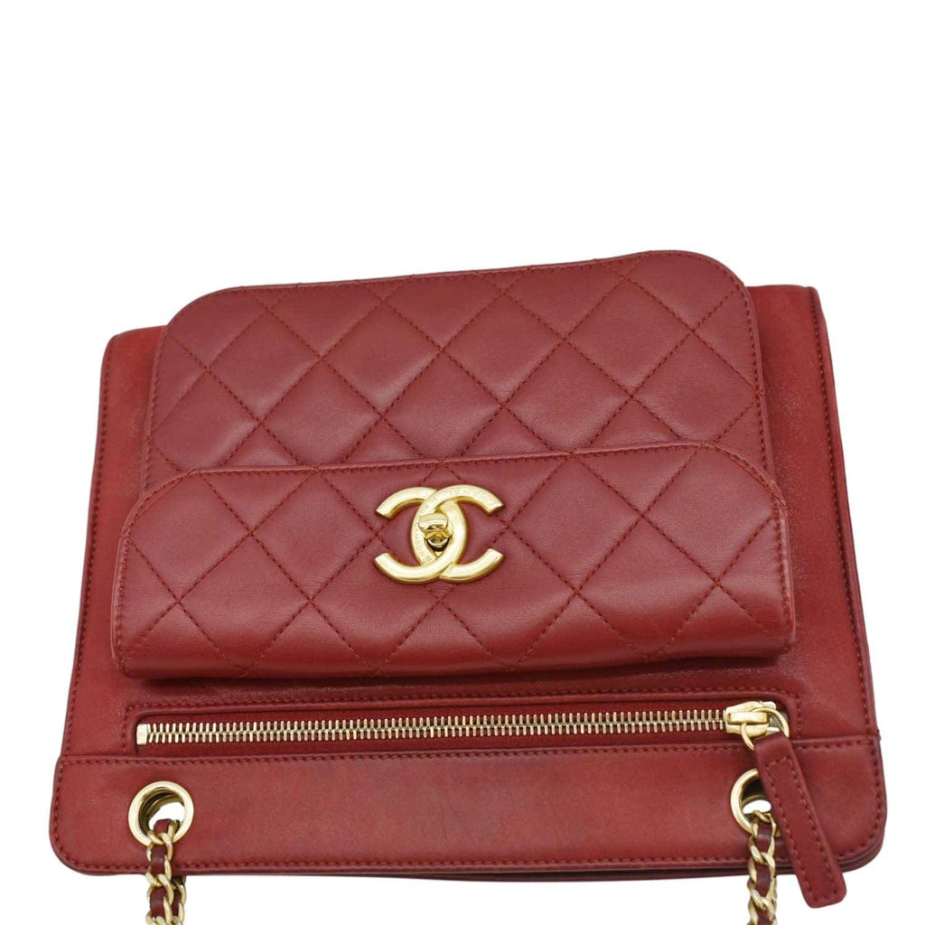 Chanel Square Front Pocket Quilted Leather Chain Crossbody Bag Red