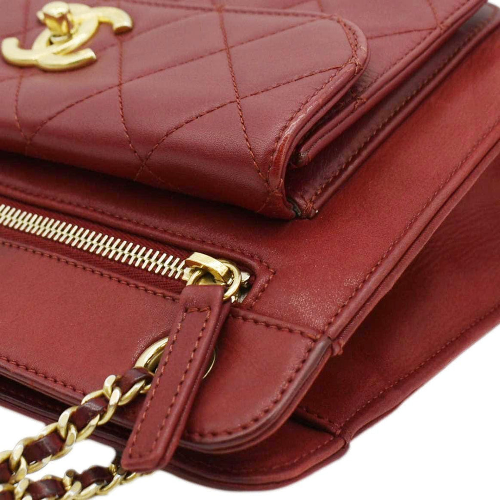 Chanel Square Front Pocket Quilted Leather Chain Crossbody Bag Red