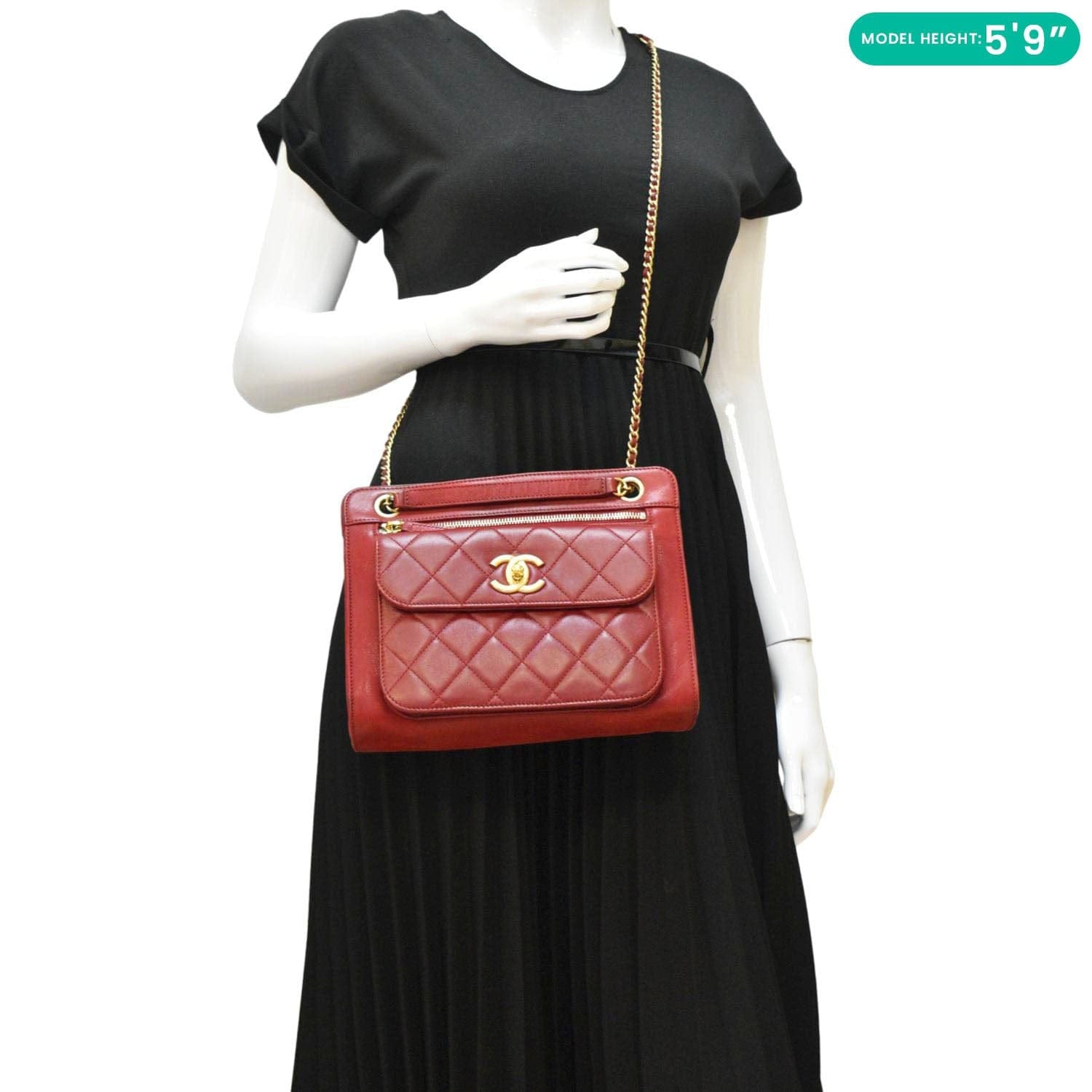 Chanel Square Front Pocket Quilted Leather Chain Crossbody Bag Red