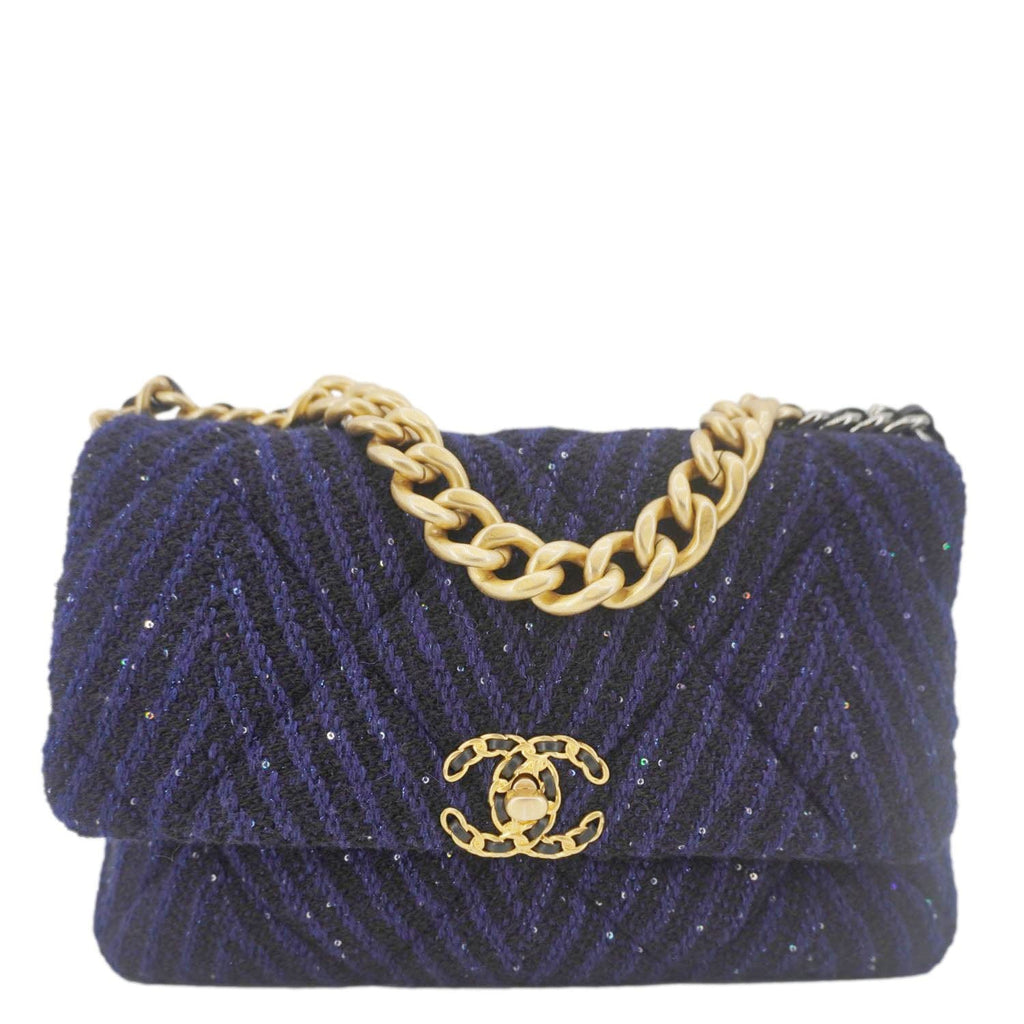 Chanel 19 Flap Quilted Tweed Sequins Shoulder Bag Navy Blue