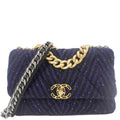 Chanel 19 Flap Quilted Tweed Sequins Shoulder Bag Navy Blue