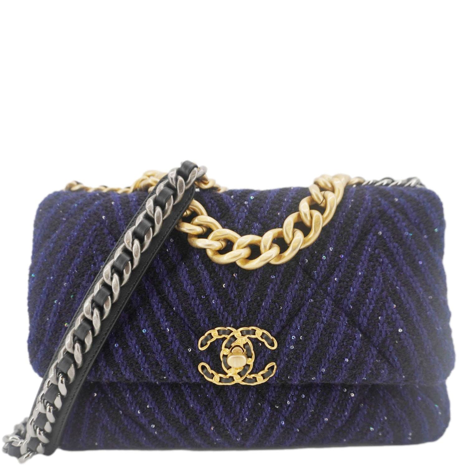 Chanel 19 Flap Quilted Tweed Sequins Shoulder Bag Navy Blue
