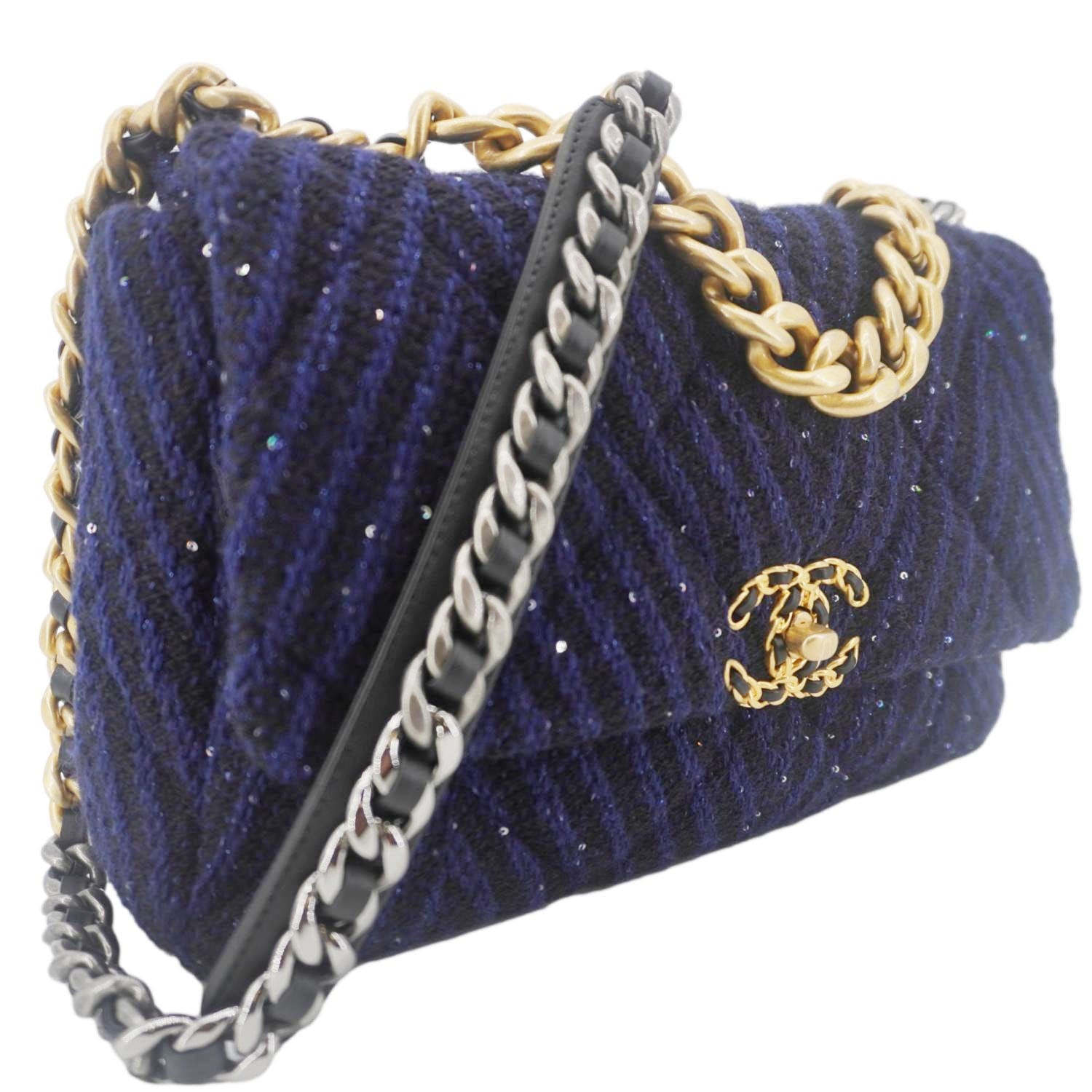 Chanel 19 Flap Quilted Tweed Sequins Shoulder Bag Navy Blue